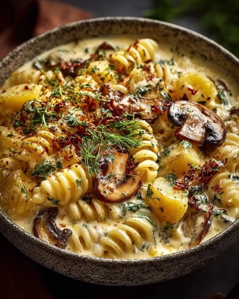 Creamy celery, potato, and mushroom pasta soup in a bowl