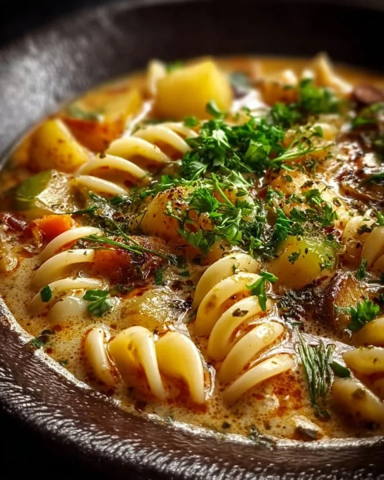 Creamy celery, potato, and mushroom pasta soup in a bowl