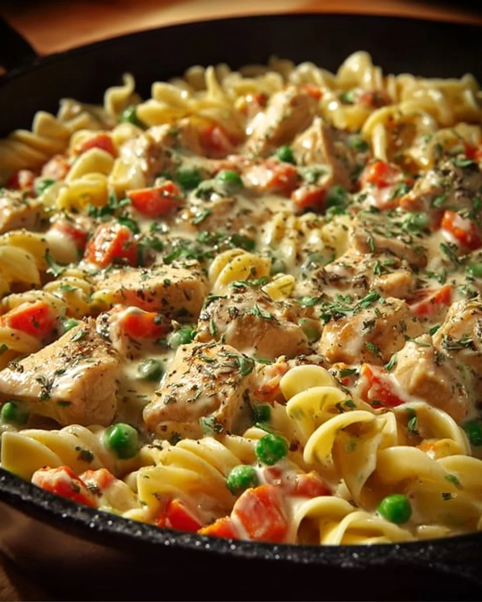 Creamy chicken pot pie pasta with vegetables and creamy sauce in a bowl