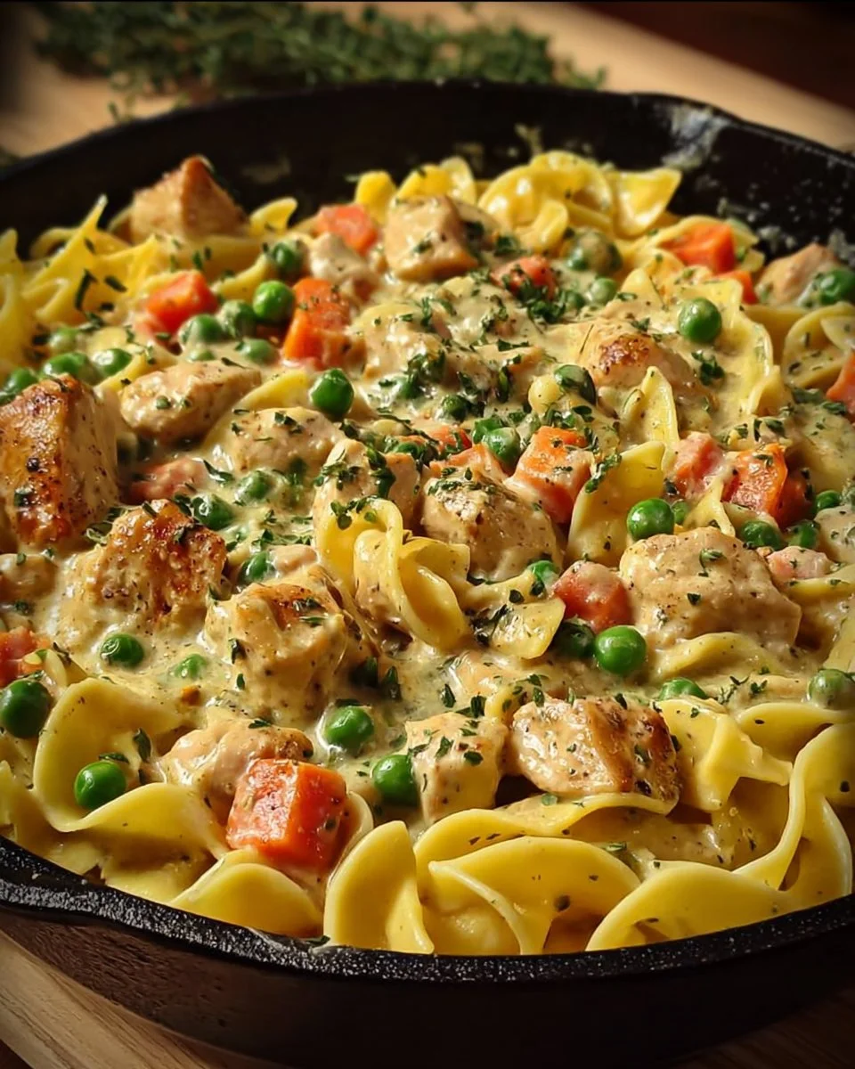Creamy chicken pot pie pasta served in a bowl with herbs on top