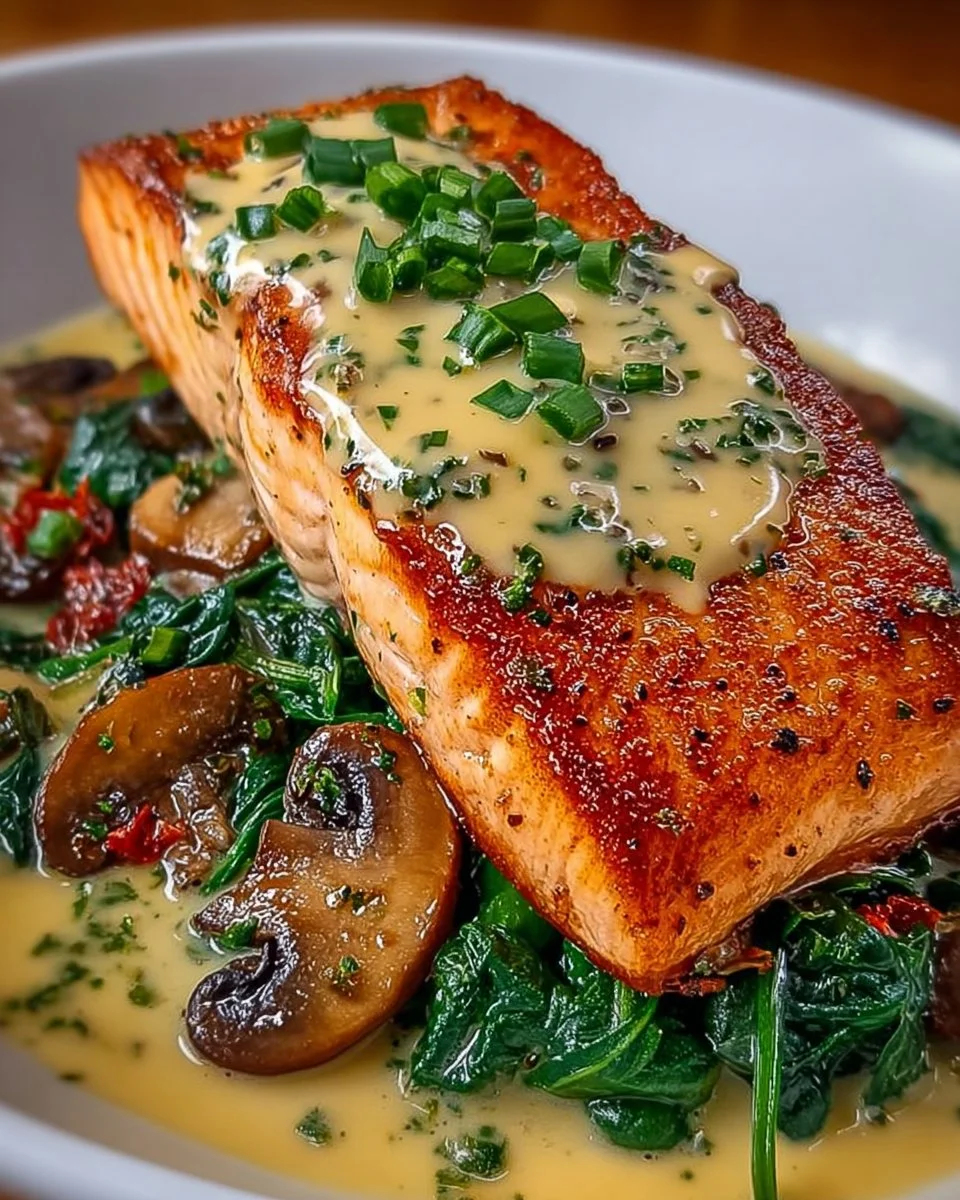 Creamy garlic butter salmon served with spinach and mushrooms in a skillet