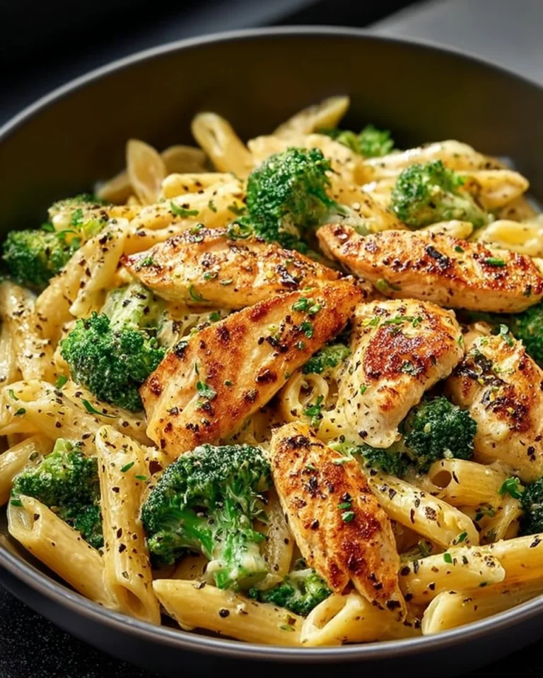 Creamy garlic chicken served with penne pasta in a delicious sauce