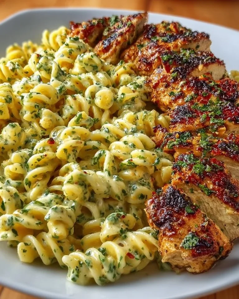 Creamy garlic parmesan chicken served with cheesy twisted pasta