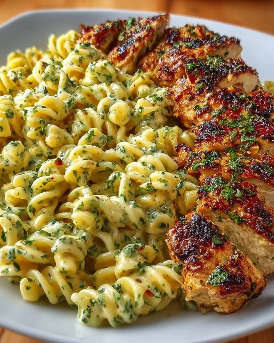 Creamy garlic parmesan chicken served with cheesy twisted pasta