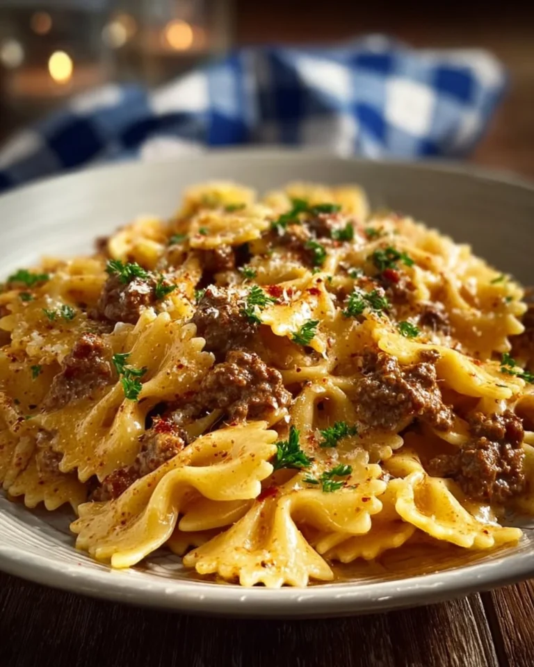 Creamy Parmesan Garlic Beef Bowtie Pasta served on a plate