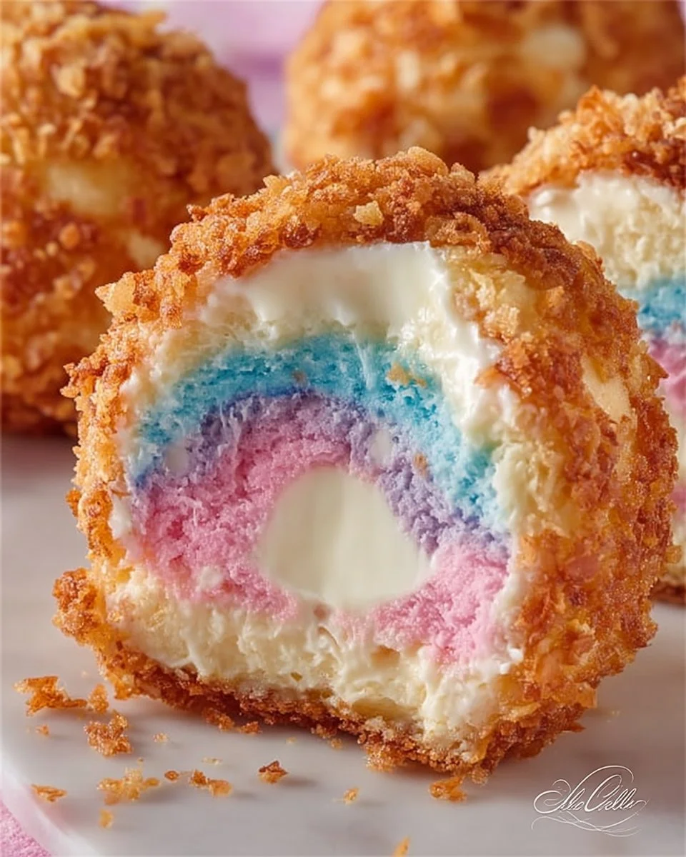 Crispy cotton candy cheesecake bombs served on a plate