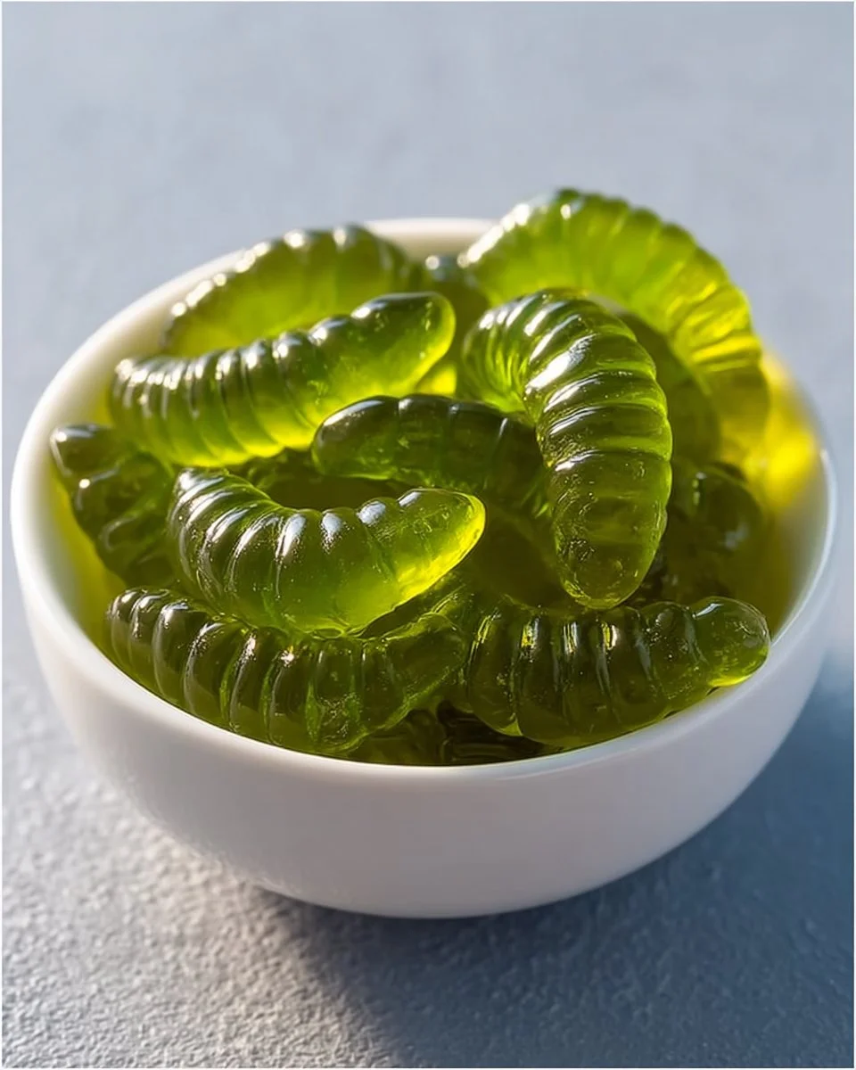 Dill pickle gummy worms candy in a colorful assortment