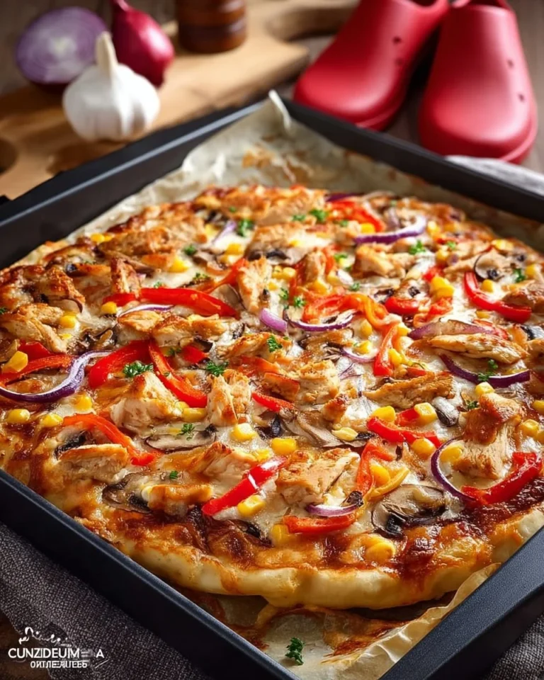 Domowa pizza z kurczakiem na talerzu, świeżo przygotowana i apetyczna