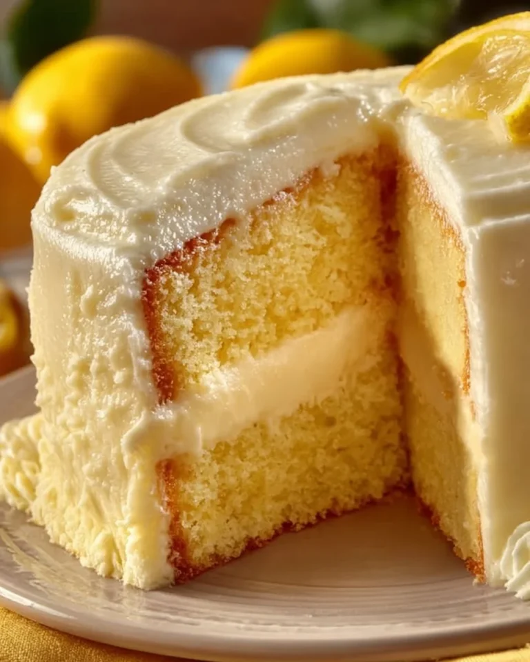 Delicious lemon cheesecake cake with cream cheese frosting on a white plate