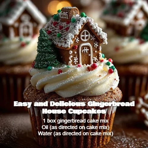 Decorated gingerbread house cupcakes with festive icing and candies