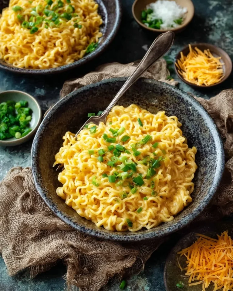 Bowl of easy cheesy ramen with melted cheese and green onions on top