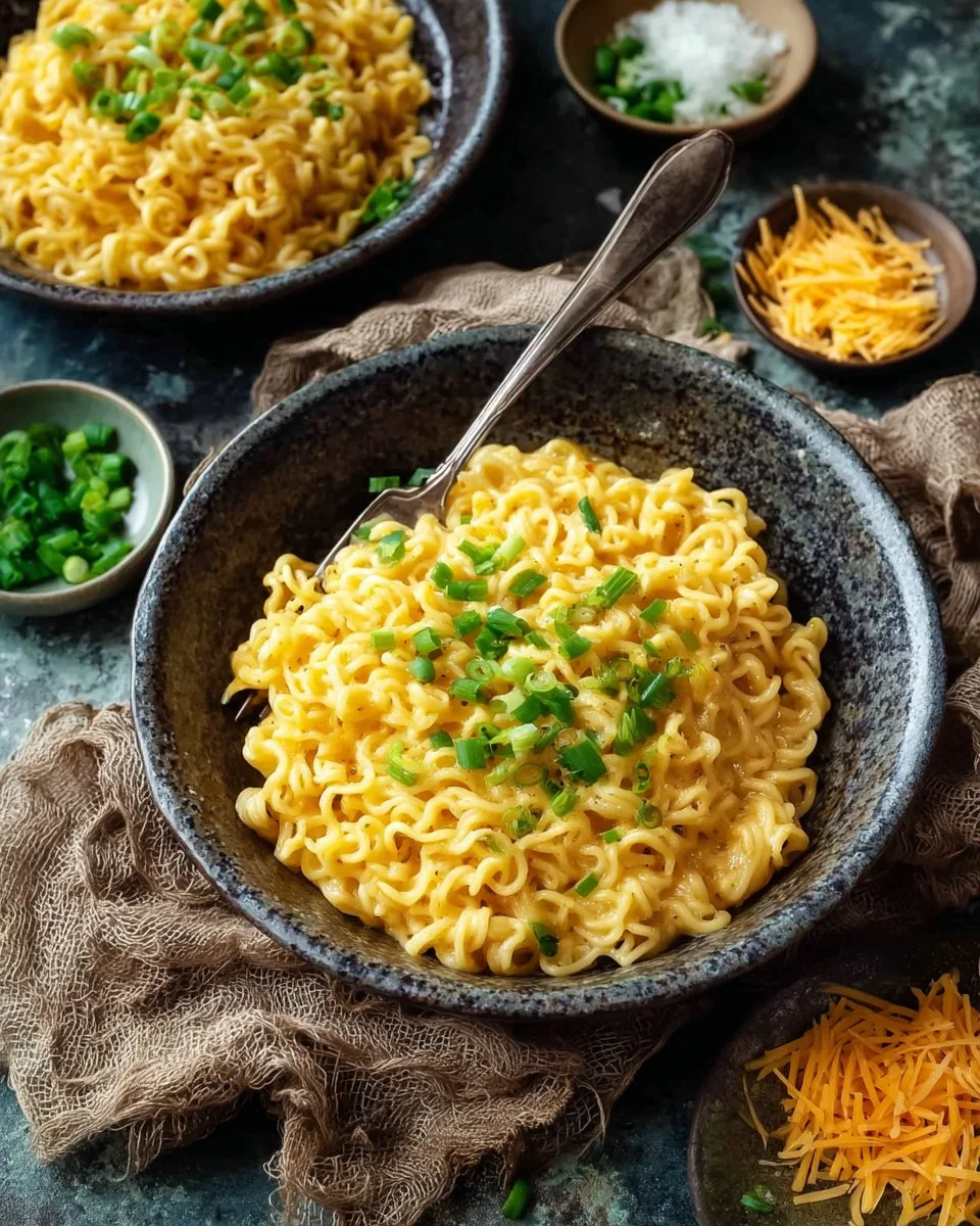 Bowl of easy cheesy ramen with melted cheese and green onions on top
