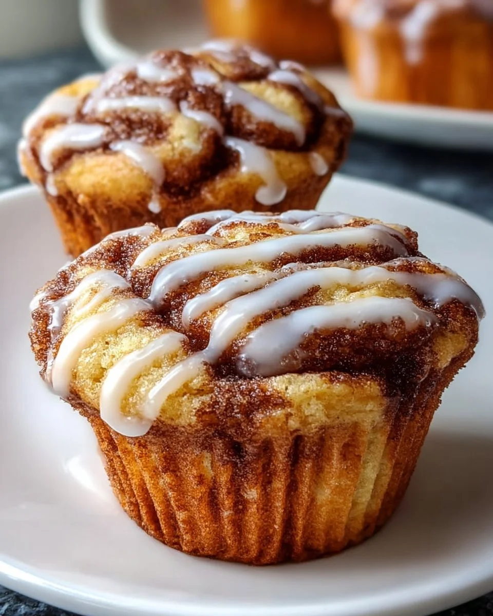 Freshly baked cinnamon roll muffins topped with creamy icing.