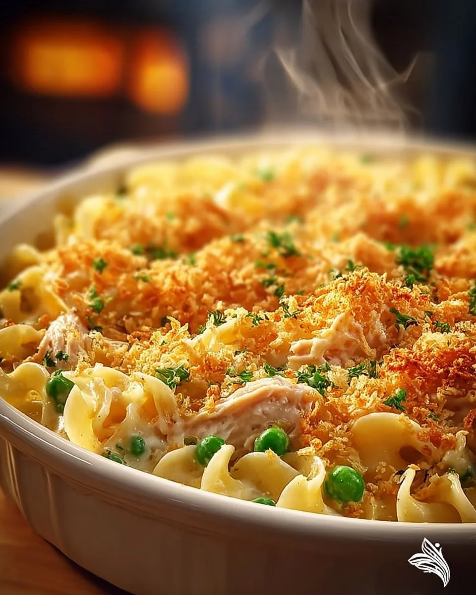 Baked easy tuna casserole with pasta and vegetables in a dish
