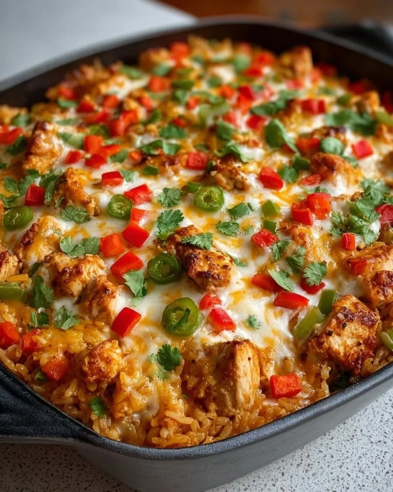 Delicious Fajita Chicken Casserole Bake topped with colorful peppers and cheese