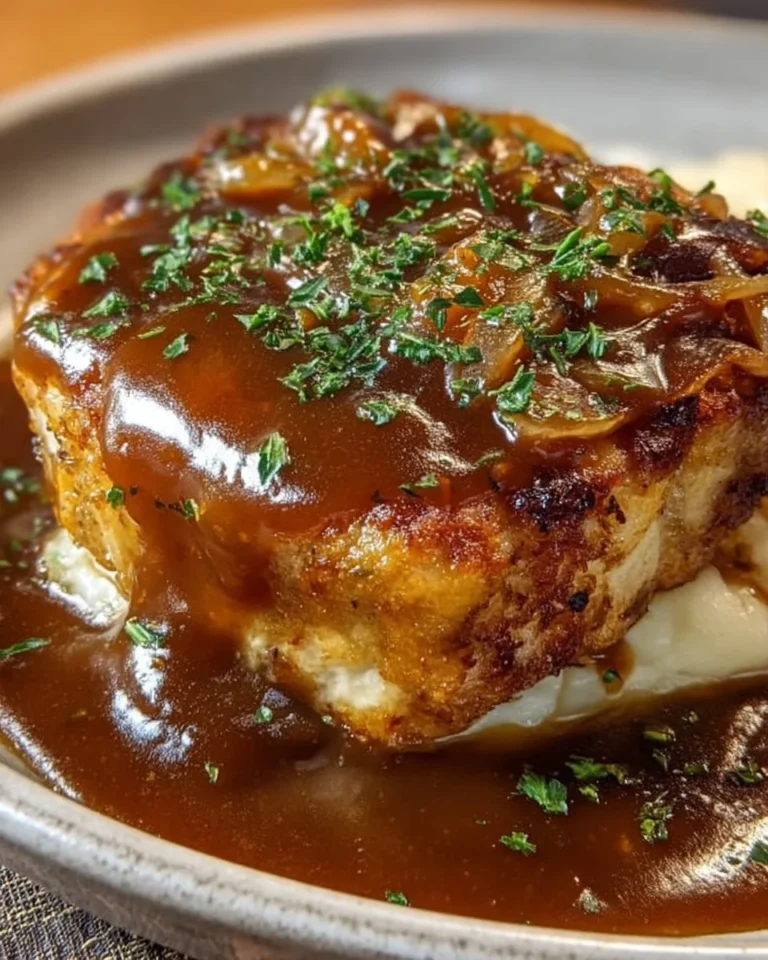 Plate of French Onion Chicken with Gravy topped with melted cheese