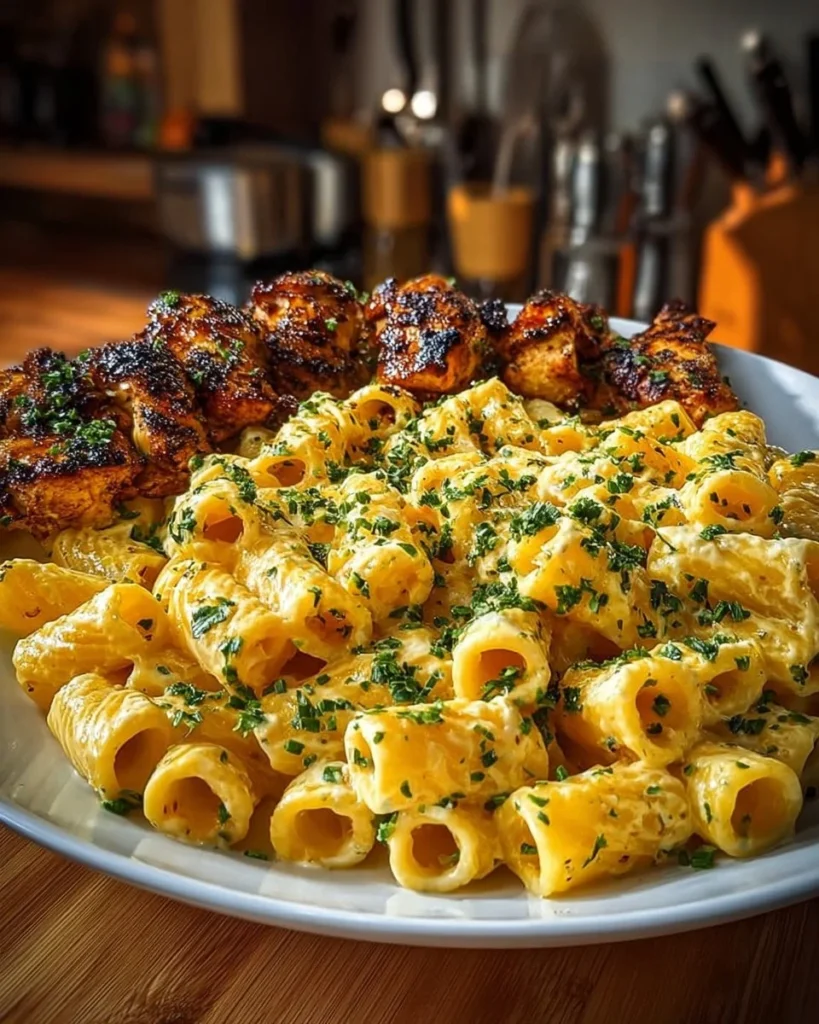 Garlic Butter Chicken Rigatoni in Creamy Cajun Three-Cheese Sauce