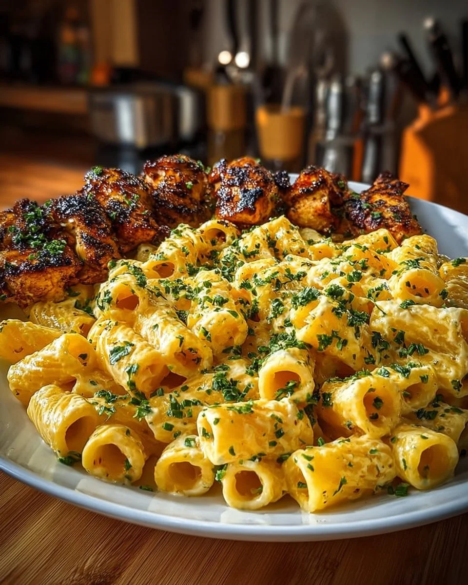 Garlic Butter Chicken Rigatoni with creamy Cajun three-cheese sauce