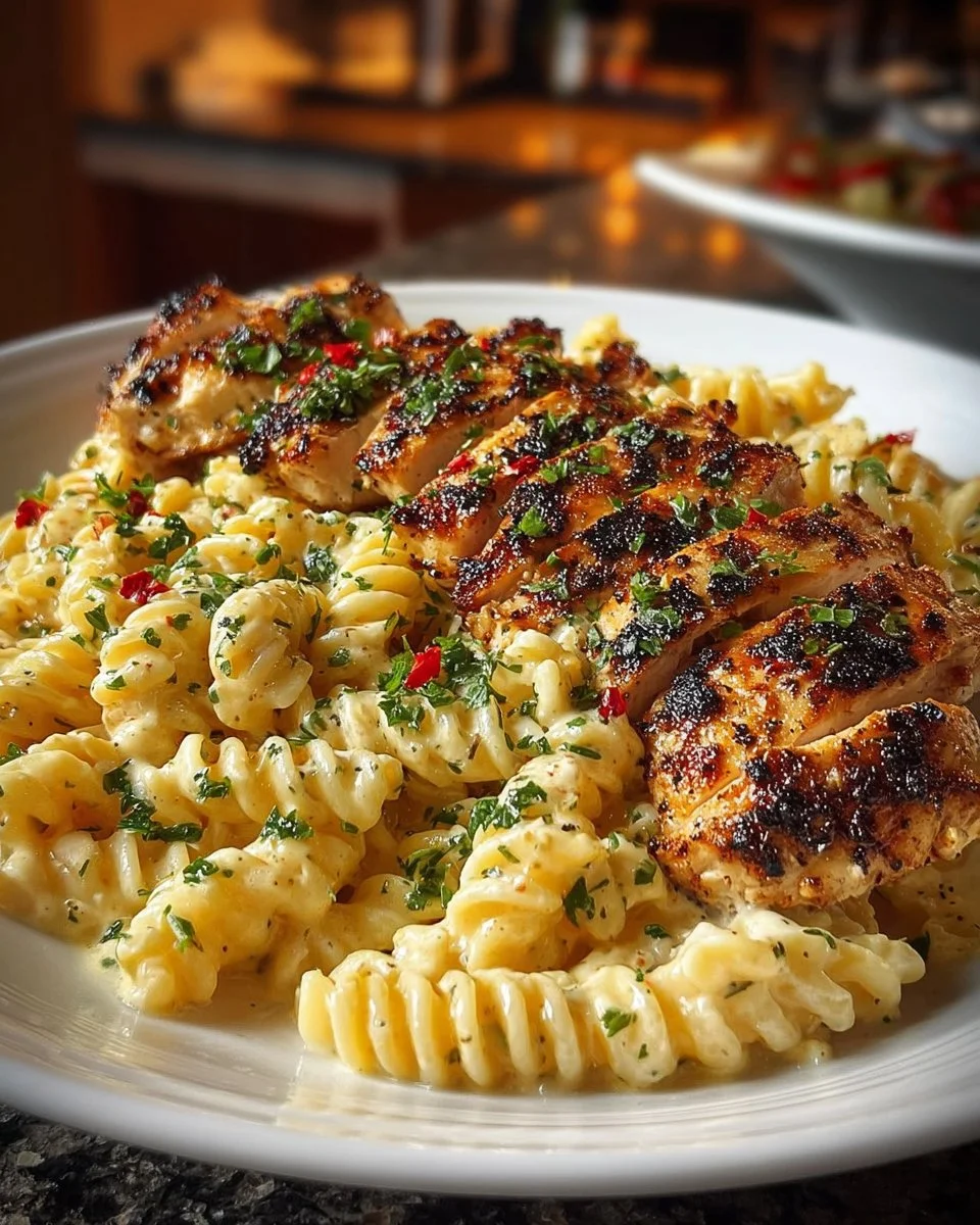 Garlic Parmesan Chicken served with Cheesy Twisted Pasta Alfredo
