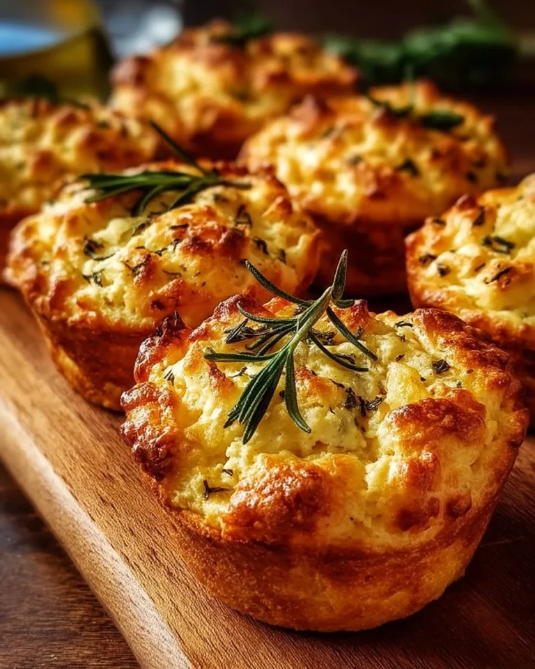 Freshly baked Garlic-Rosemary Focaccia Muffins on a wooden table