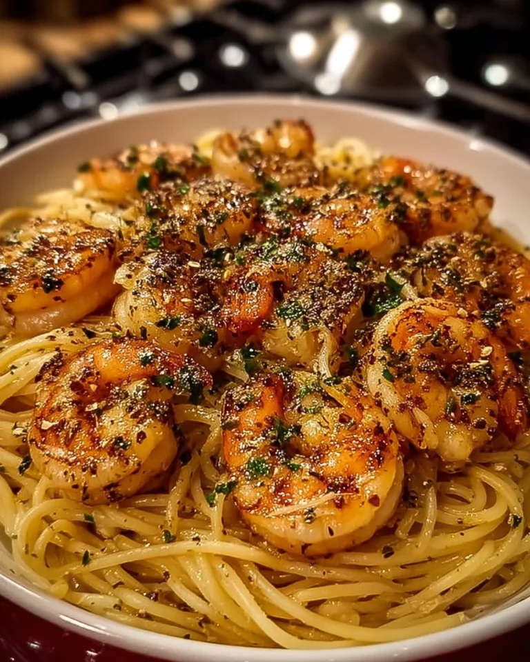 Delicious garlic shrimp pasta served with herbs and cherry tomatoes