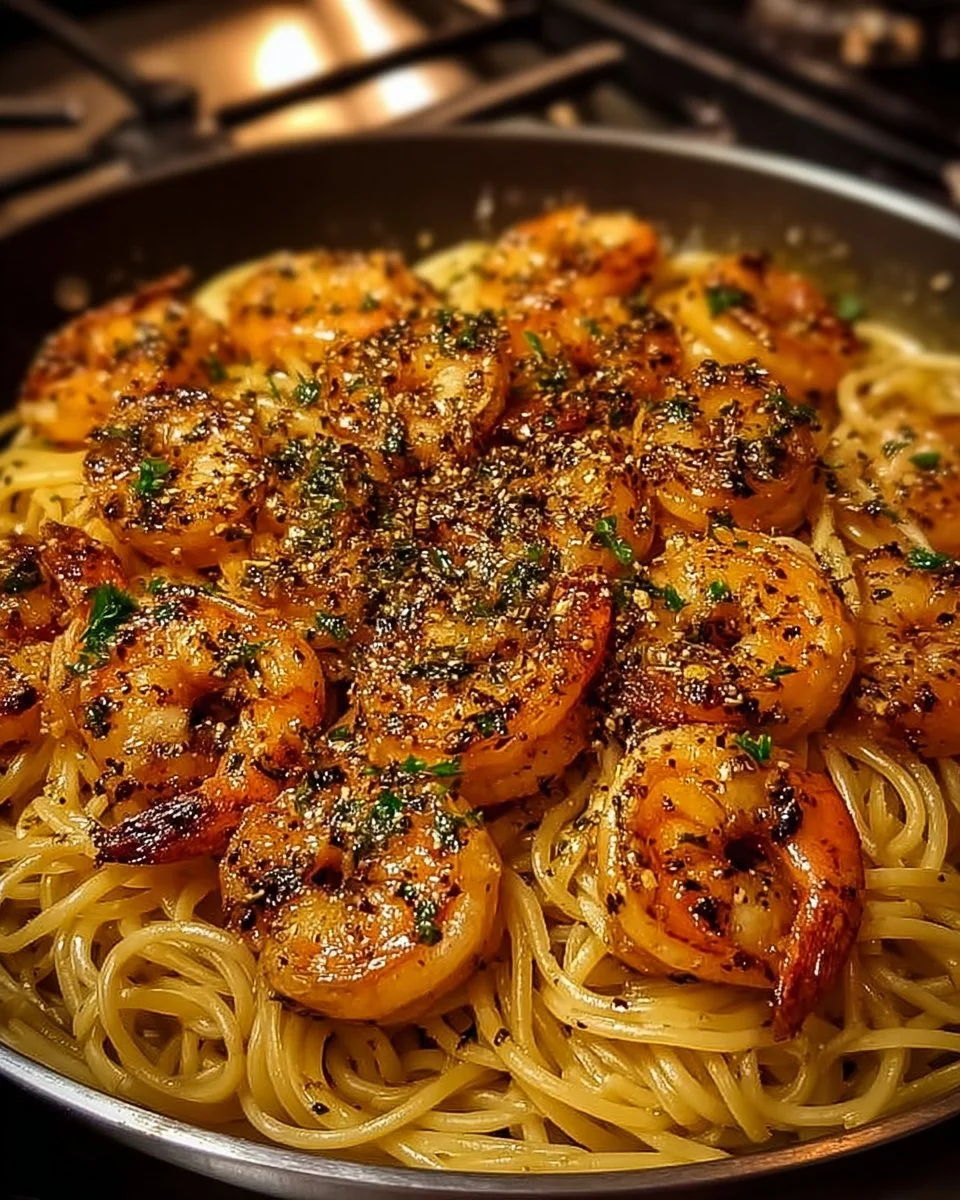Delicious Garlic Shrimp Pasta served in a bowl with fresh herbs