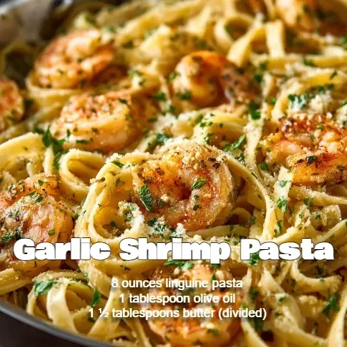 A plate of Garlic Shrimp Pasta featuring shrimp, garlic, and pasta in a creamy sauce.