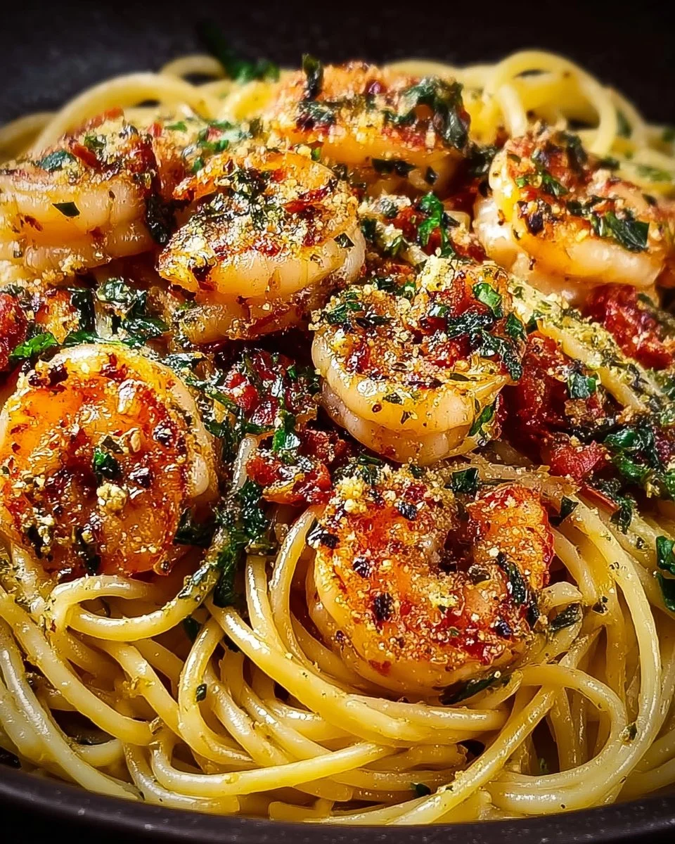 Delicious Garlic Shrimp Pasta served in a bowl with herbs and garlic butter
