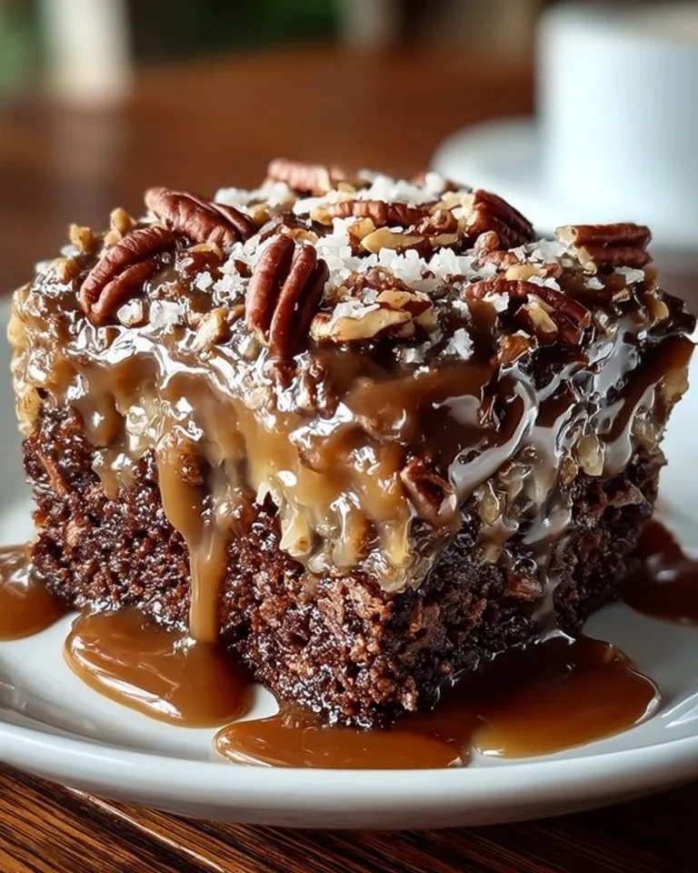 Slice of German Chocolate Poke Cake topped with coconut pecan frosting