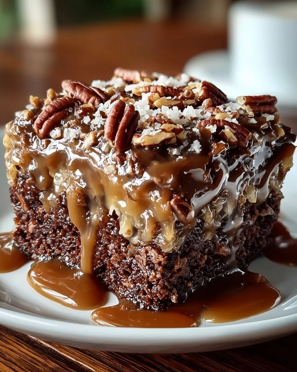 Slice of German Chocolate Poke Cake topped with coconut pecan frosting
