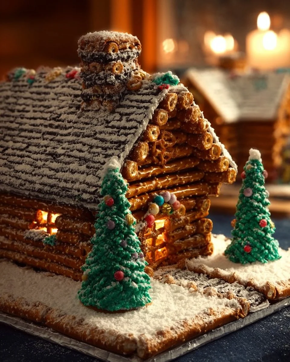 A beautifully decorated gingerbread log house with icing and colorful candies