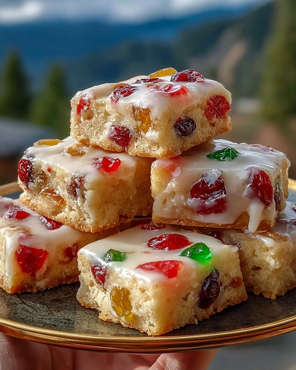 Glazed Fruitcake Shortbread Cookies on a festive plate