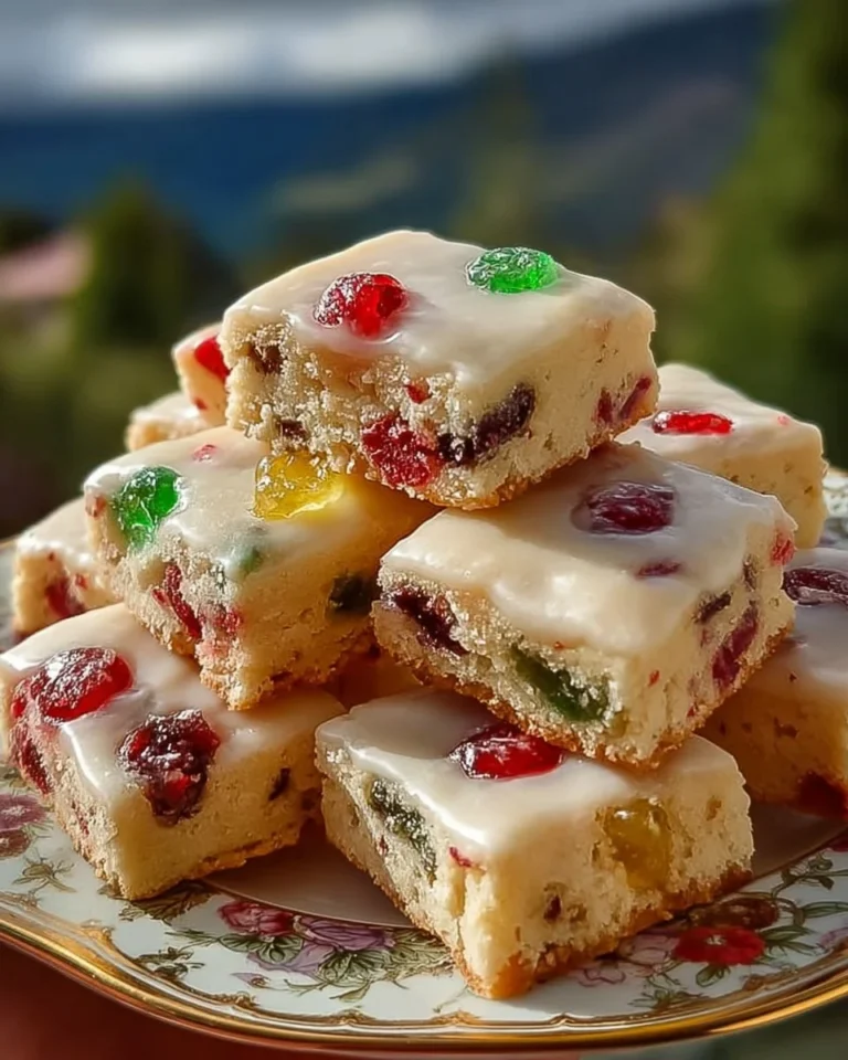 Delicious glazed fruitcake shortbread cookies on a white plate