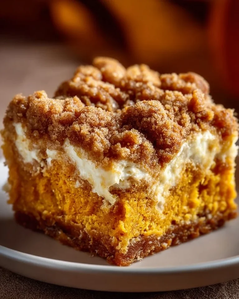 Slice of gooey pumpkin crumble cake with a crumb topping on a plate