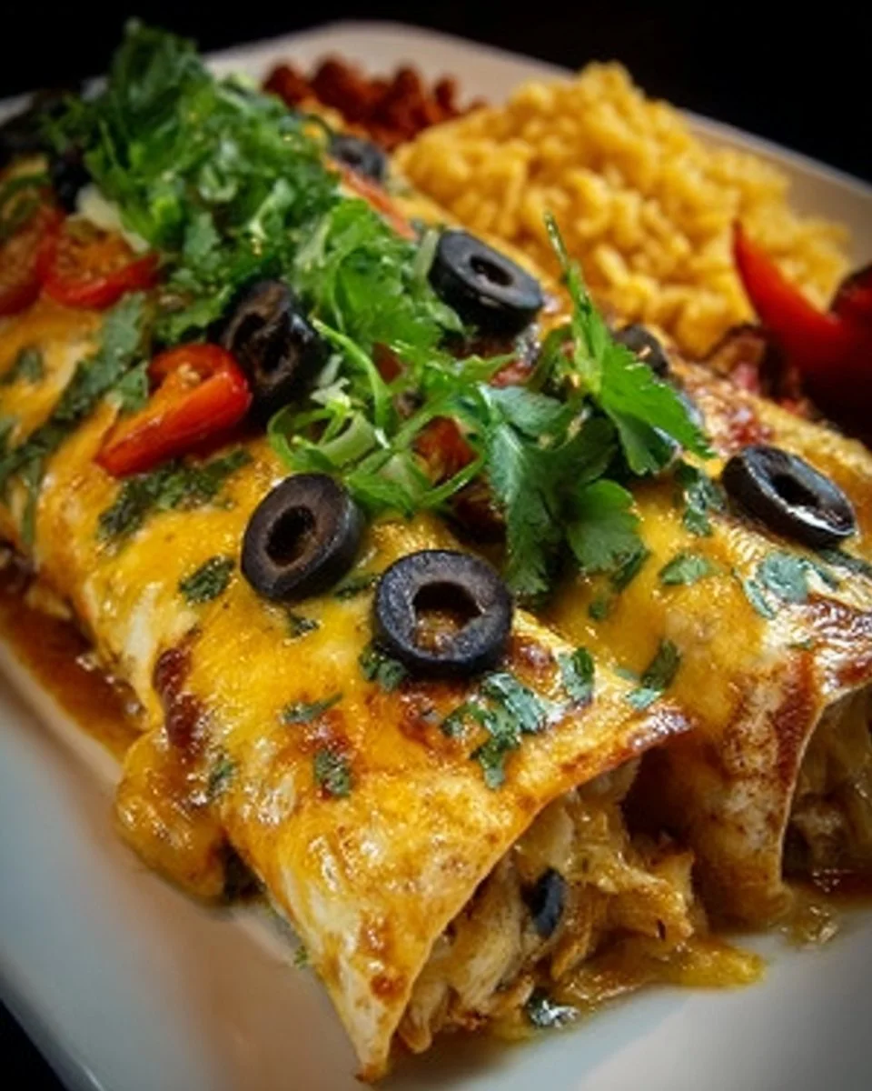 Delicious green chicken enchilada topped with cheese and garnished with cilantro.
