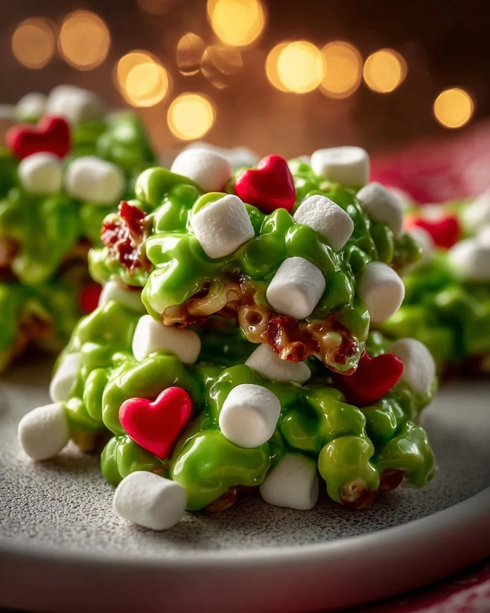 Grinch Peanut Marshmallow Clusters with festive decorations