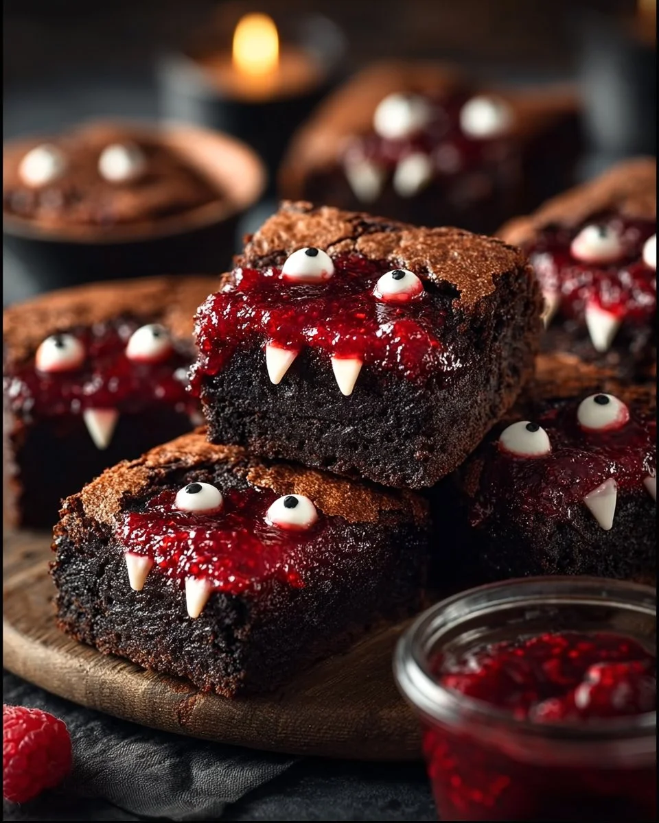 Halloween Vampire Bite Brownies with red icing and chocolate base.