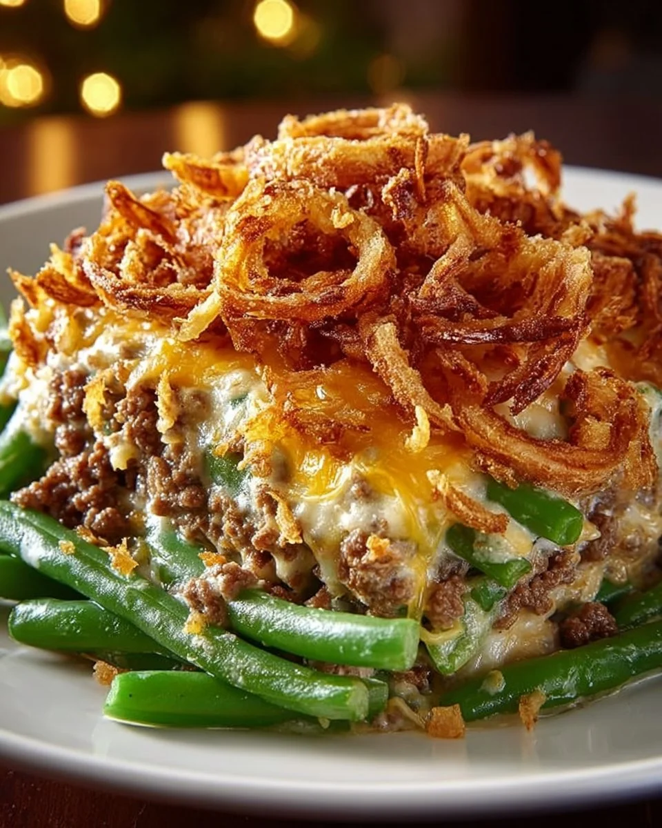 Delicious hamburger green bean casserole topped with crispy fried onions