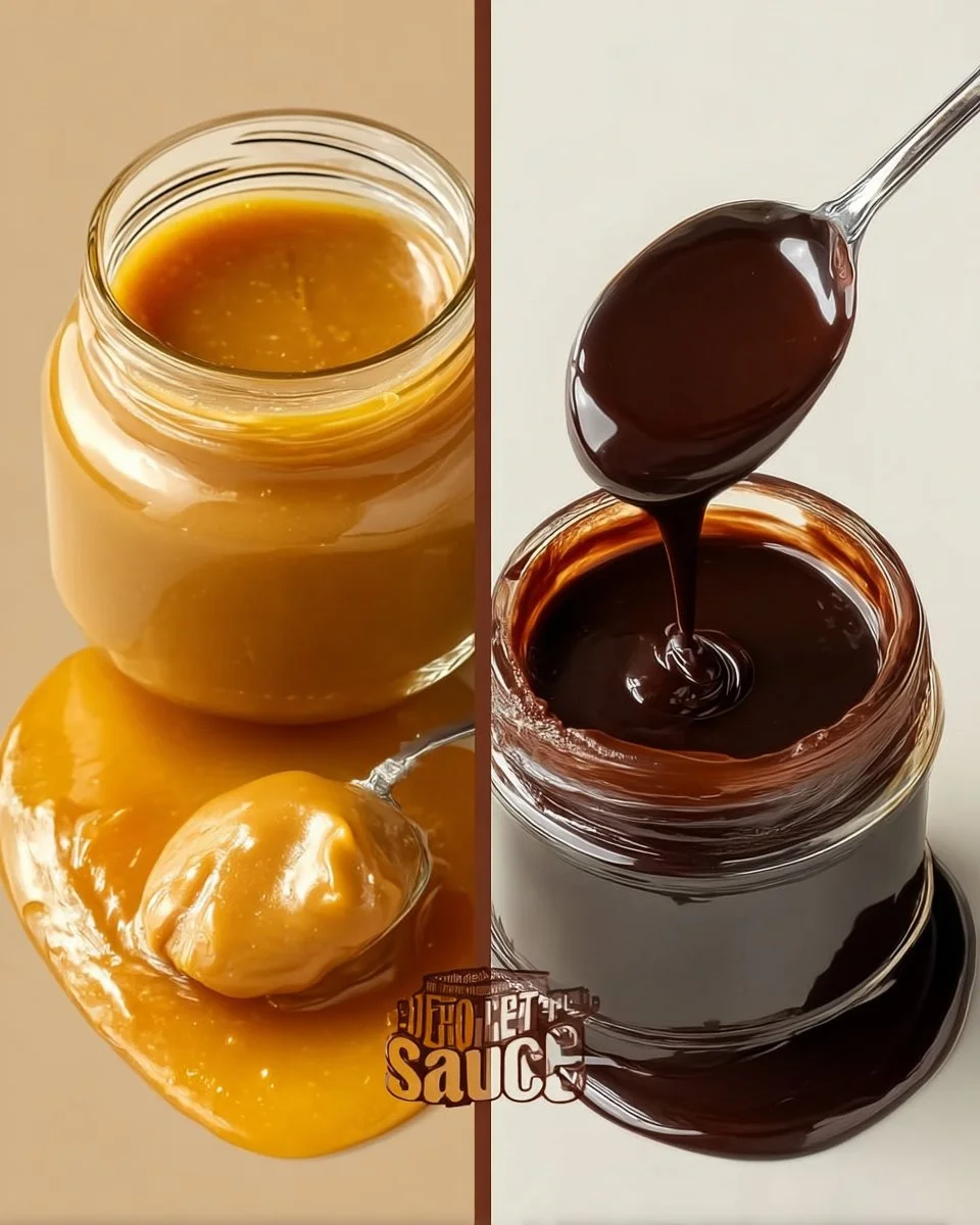 Delicious homemade caramel sauce in a glass jar with a spoon