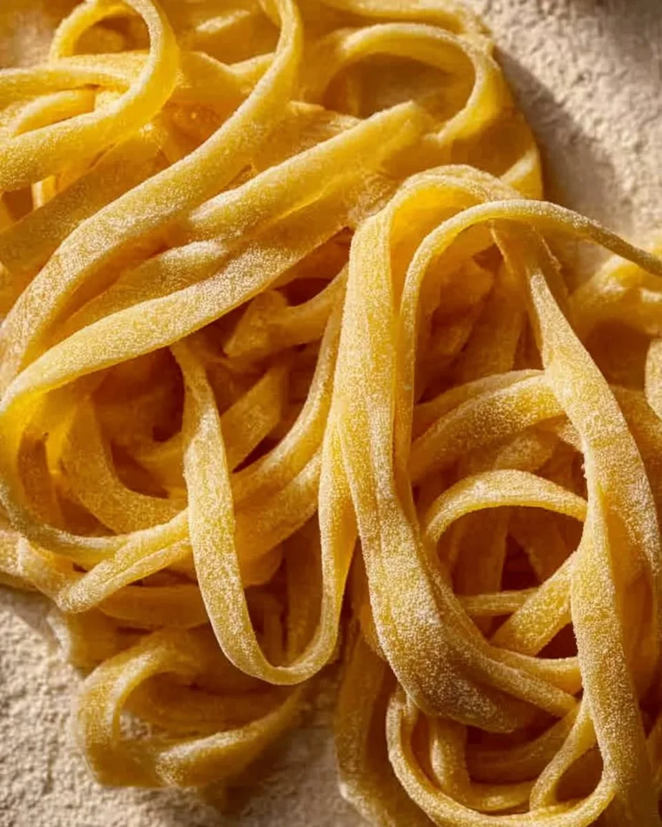 Plate of homemade egg noodles topped with sauce and herbs