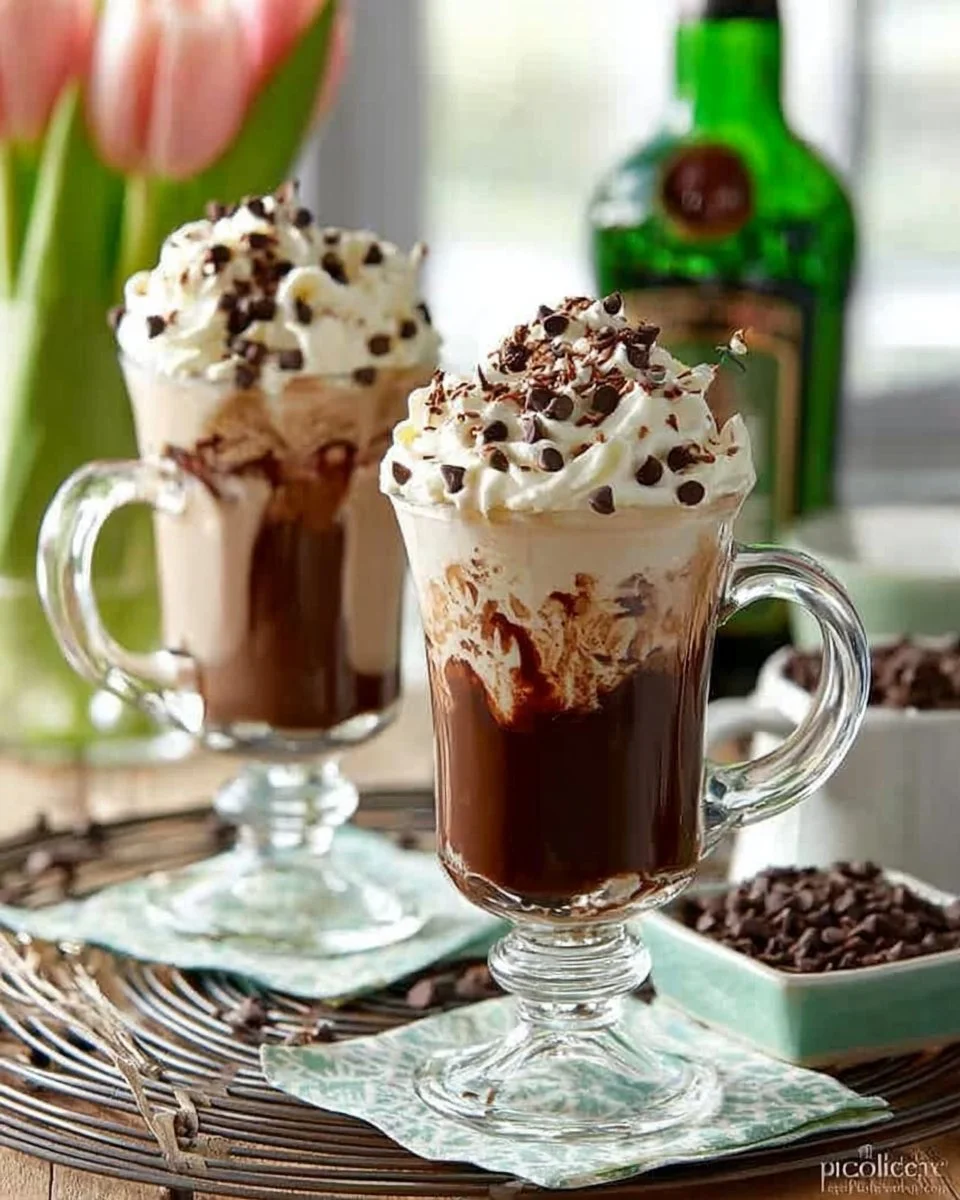Delicious Irish Cream Shake topped with whipped cream and chocolate drizzle