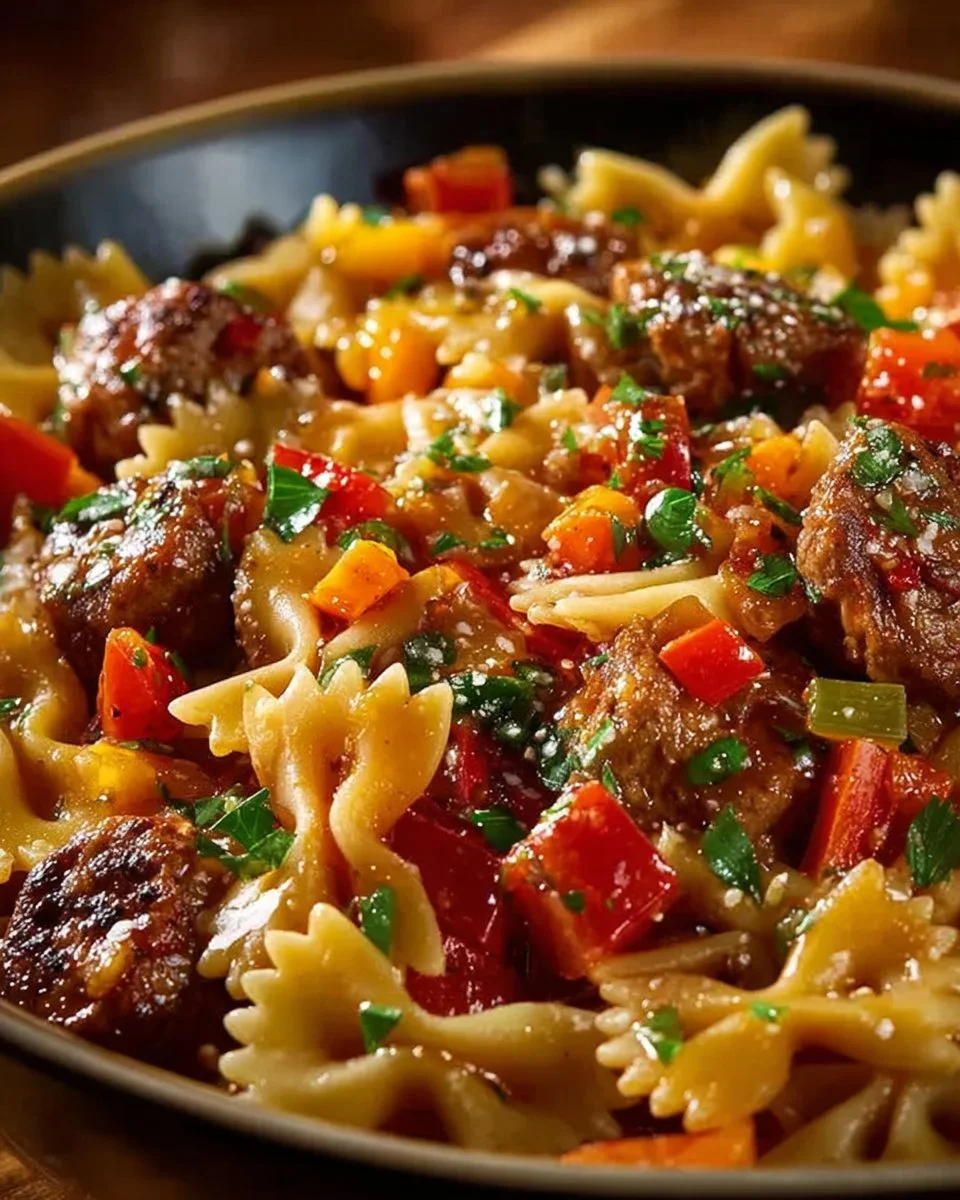 Italian sausage served with bow tie pasta in a savory dish