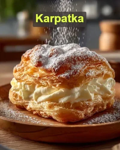 Karpatka - ciasto francuskie z kremem na talerzu