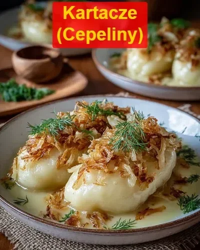 Tradycyjne kartacze (cepeliny) na talerzu, przygotowane z ziemniaków i mięsa.