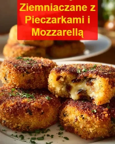 Kotlety ziemniaczane z pieczarkami i mozzarellą na talerzu