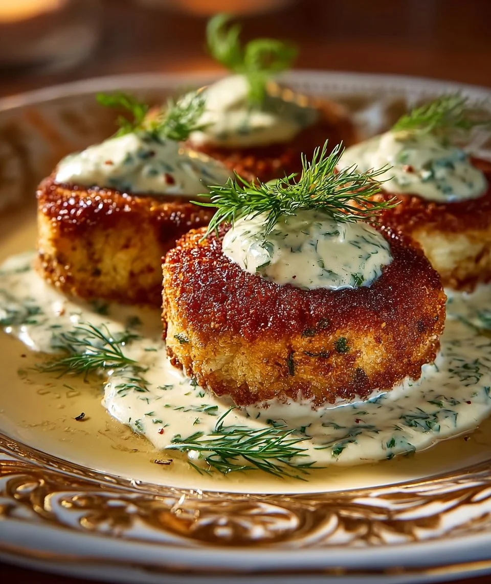 Kotlety ziemniaczane z sosem koperkowym na talerzu