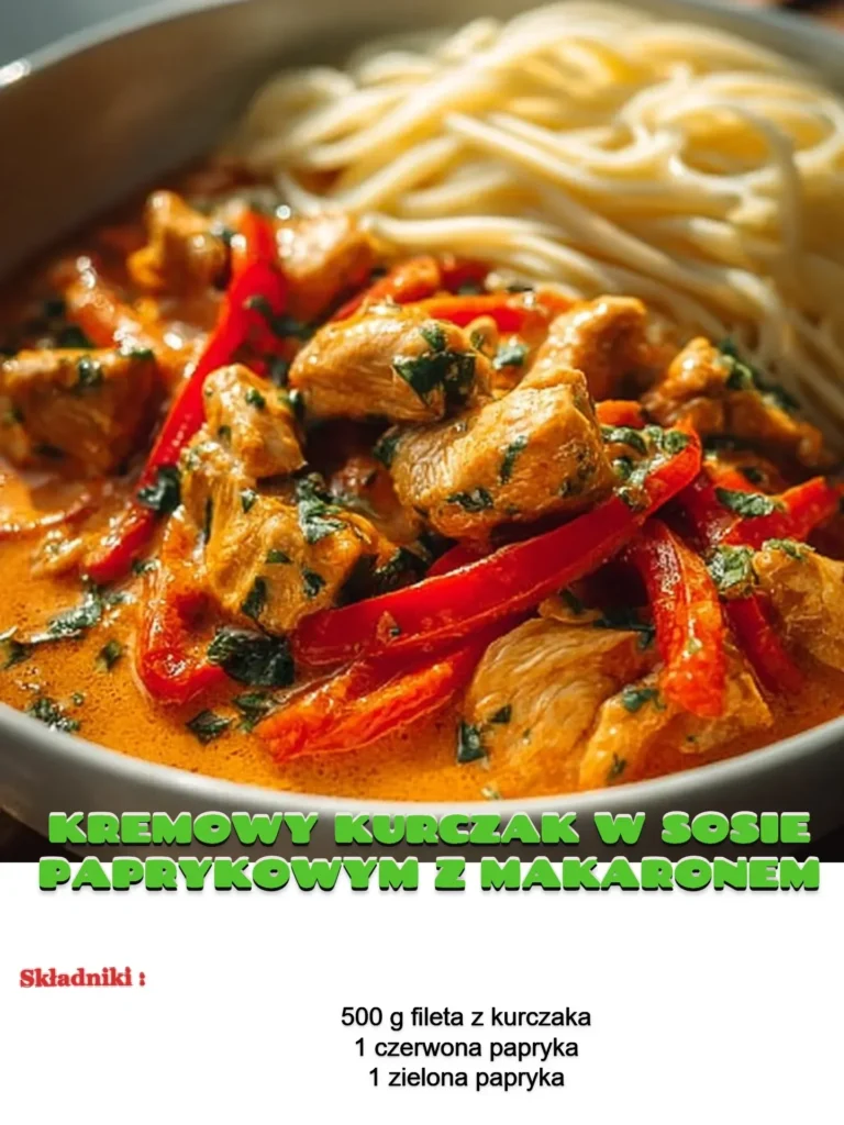 Kremowy kurczak w sosie paprykowym podany z makaronem na talerzu