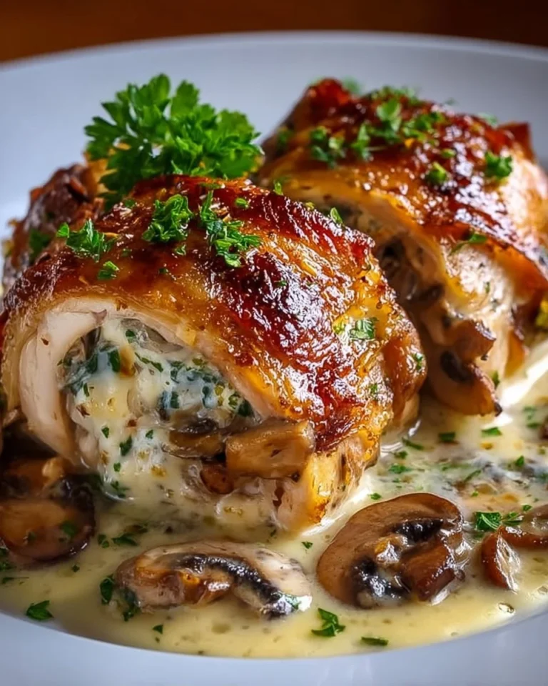 Kurczak faszerowany pieczarkami i serem w maślanym sosie czosnkowym