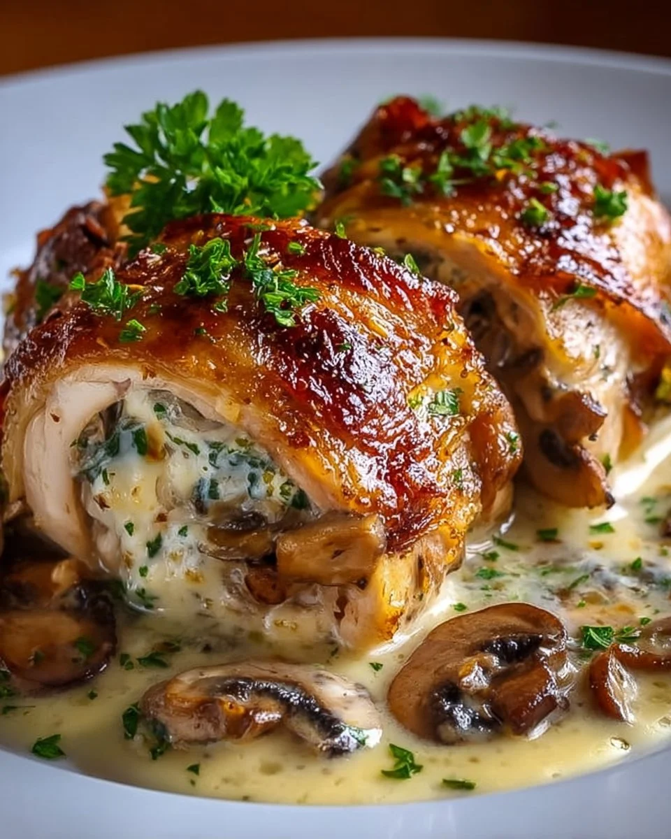 Kurczak faszerowany pieczarkami i serem w maślanym sosie czosnkowym