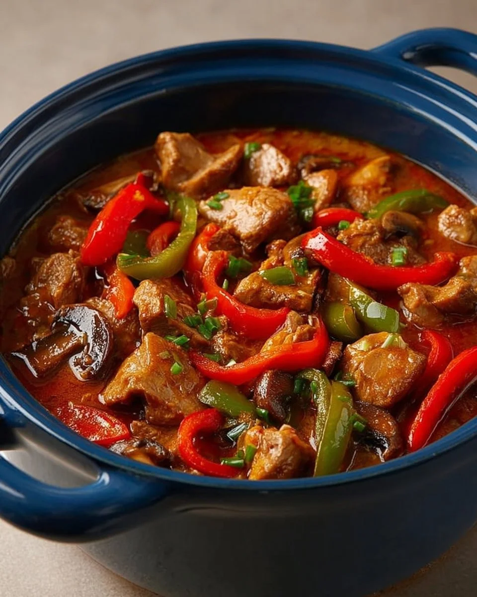 Leczo z pieczarkami i kawałkami mięsa - pyszne danie w garnku